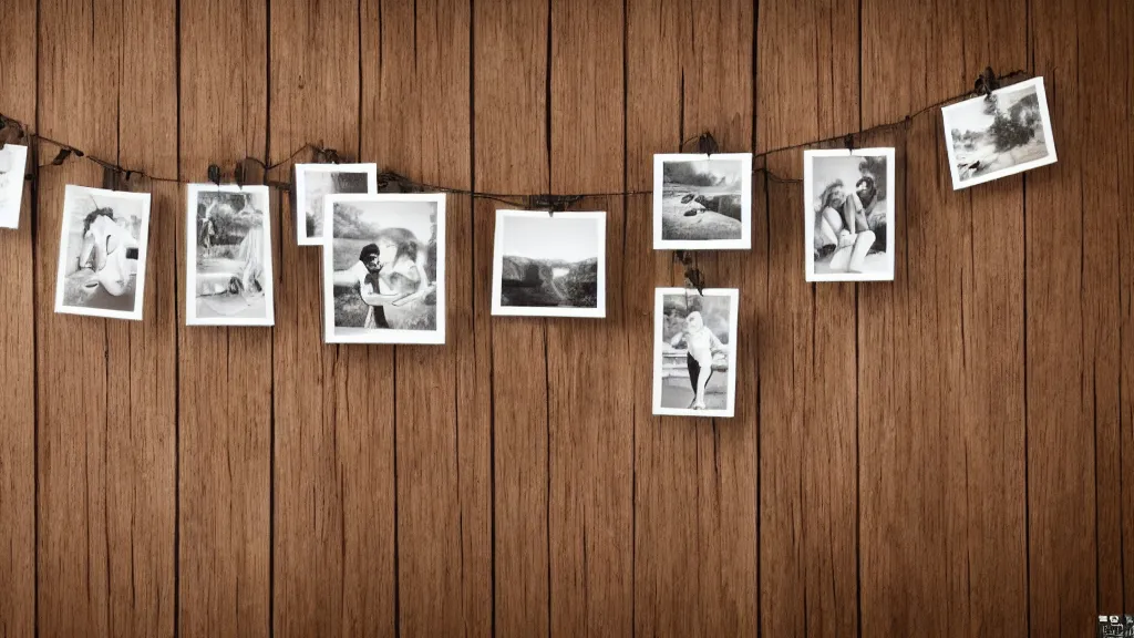 Prompt: pictures hanging on a wooden wall. hard key light.