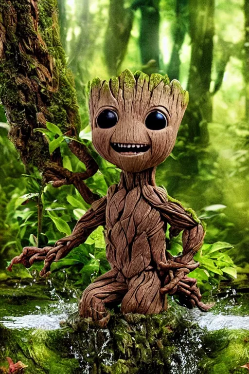 Prompt: little cute Groot takes a bath in the forest