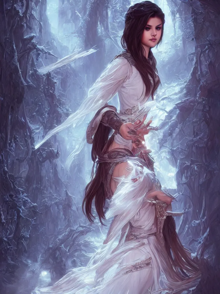 Image similar to Selena Gomez casting an frost spell, D&D, fantasy, intricate, elegant, highly detailed, digital painting, artstation, concept art, matte, sharp focus, illustration, hearthstone, art by Artgerm and Greg Rutkowski and Alphonse Mucha