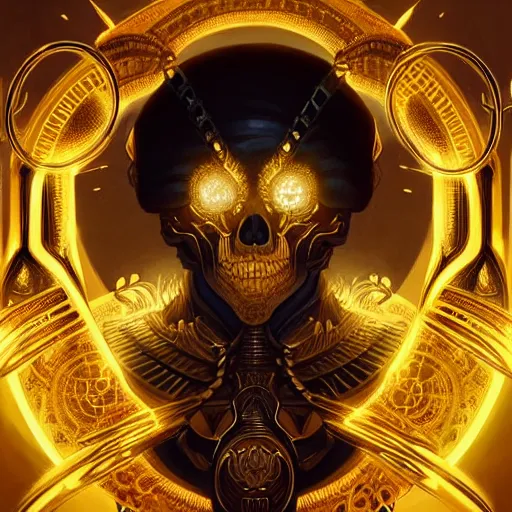 Image similar to symmetry!! portrait of golden! skull warrior, glowing eyes!! intricate, elegant, highly detailed, digital painting, artstation, concept art, smooth, sharp focus, illustration, art by artgerm and greg rutkowski and alphonse mucha