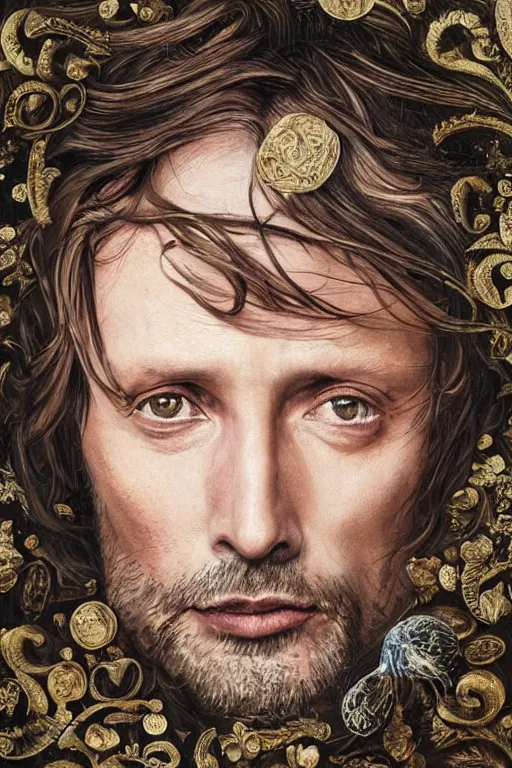 Image similar to A pre-raphaelite portrait of Mads Mikkelsen, surreal, ultradetailed, intricate, elegant, digital art painting, concept art, smooth, sharp focus, poster art, art cover illustration, regal, award winning picture, extremely detailed masterpiece, sense of awe, featured on artstation, Artgerm, effervescent punk kawaii-noir pastel bubbles, winning award piece, ethereal rainbows, Aetherpunk, low-key neon lightning, stormy weather, Exquisite details, 8K detail post-processing, matte, oil painting