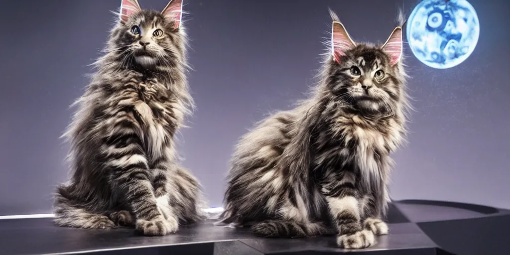 Image similar to a 3 d rendered movie still a of maine coon robotic kitten has become a cat scanner. cyberpunk cat tree. science fiction blockbuster movie from the future, imax 7 0 mm. style of mandalorian ( american space western television series )