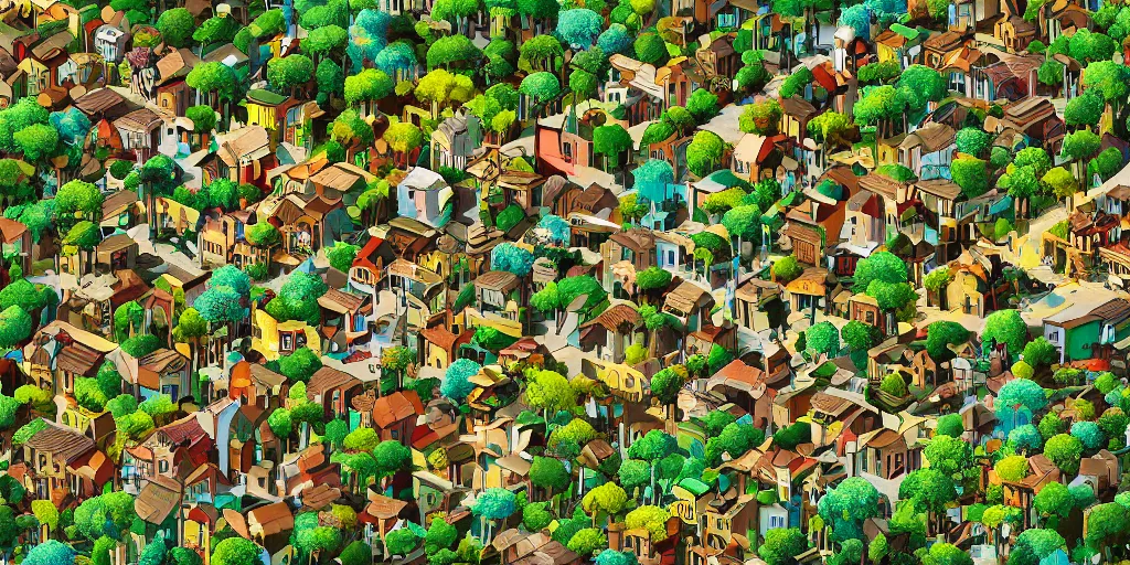 Image similar to cinematic high contrast graphic illustration of a hyper detailed village in the treetops