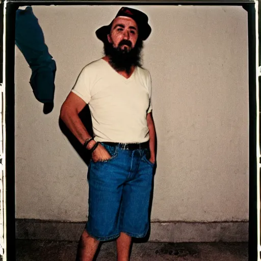 Image similar to fidel castro wearing denim shorts, full body portrait, 3 5 mm film, by nan goldin