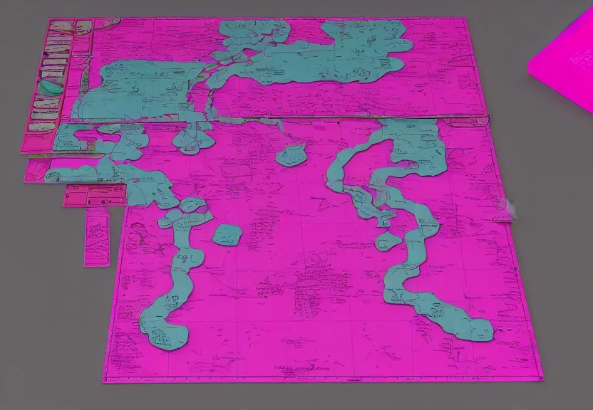 Image similar to “magenta theme, war tactic table with a map on it, unfinished borders, 4k, 3D, view from the side”