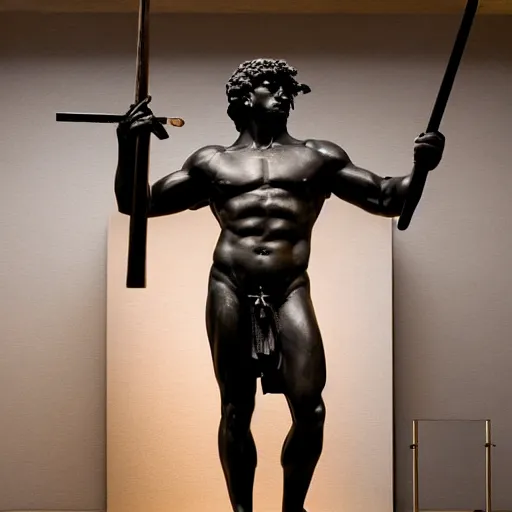 Prompt: a realistic greek black marble statue of hercules as zeus wearing a armour and brandishing a spear, waist up view, displayed in a museum art gallery, moody, dramatic lighting, dark, photorealistic, cinematic scene, super detailed, hyper realistic, bright lights, 8 k