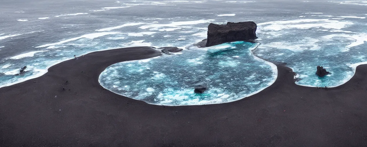 Image similar to cinematic shot of giant symmetrical futuristic military spacecraft in the middle of an endless black sand beach in iceland with icebergs in the distance,, 2 8 mm