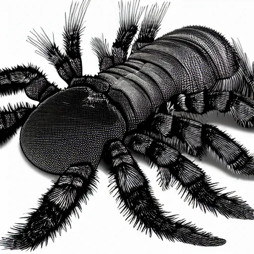 Image similar to book illustration of a tarantula with a machine gun mounted on its back. book illustration, monochromatic, white background, black and white image