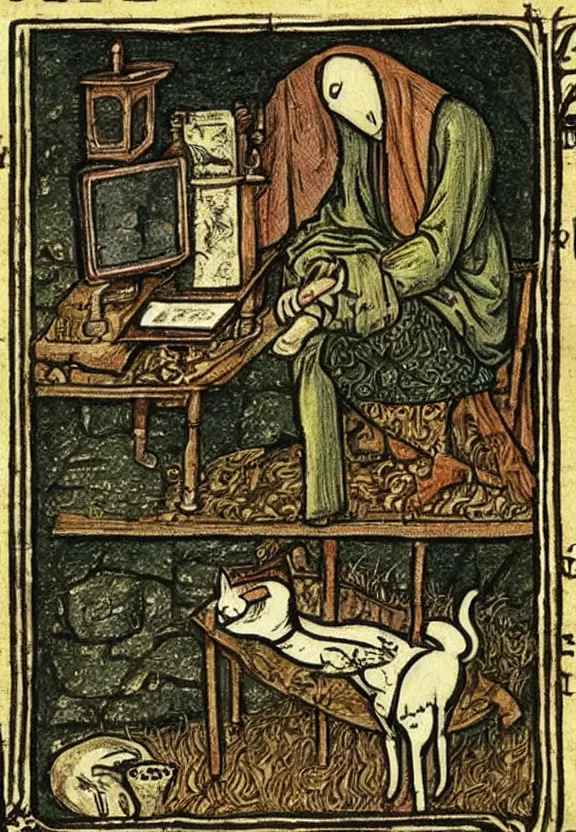 Image similar to [Grim medieval illustration of a cat watching youtube on a computer]