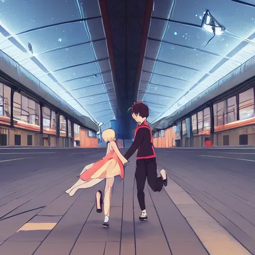 Prompt: a couple meeting up at a trainstation, running at each other with open arms, in the style of Kimi no Na wa. cgsociety masterpiece, artstation trending, by rossdraws, ghibli, your name, greg rutkowski