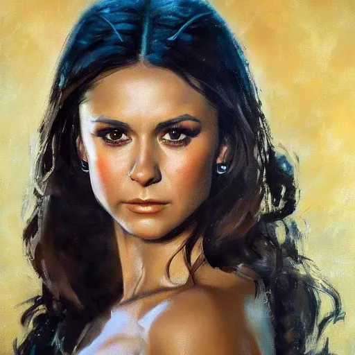 Image similar to ultra realistic portrait painting of nina dobrev in an old western, art by frank frazetta, 4 k, ultra realistic, highly detailed, epic lighting.