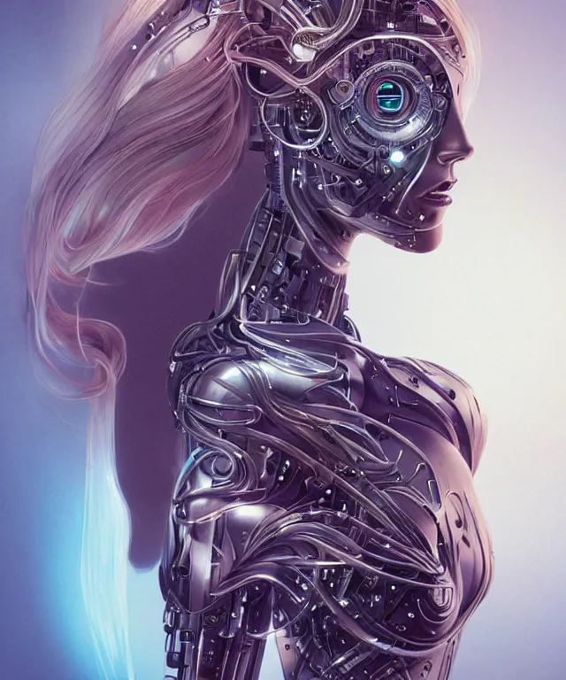 Image similar to a woman turning into an Android portrait wearing a part cybernetic body, surrealism , scifi, intricate, elegant, sharp eyebrows, ornate long flowing blonde hair, highly detailed cybernetic body, neon glowing eyes, digital painting, artstation, concept art, smooth, sharp focus, illustration, art by Artgerm and moebius and Peter Mohrbacher