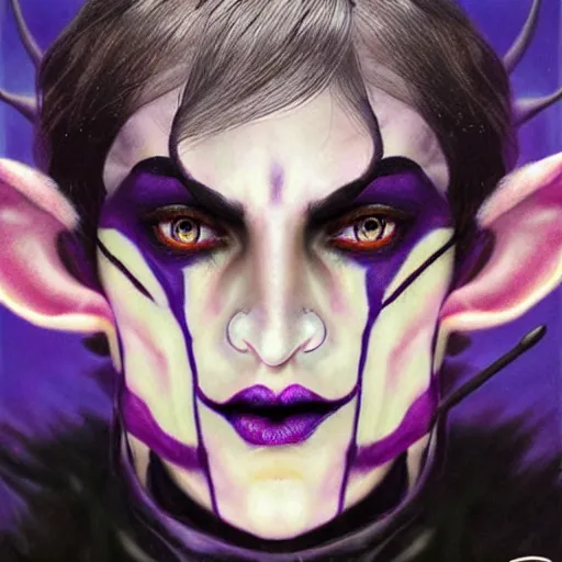 Image similar to a frightening, beautiful elf with violet skin, a scarred face, a bob haircut, and bushy eyebrows, smirking, in the style of jason edmiston