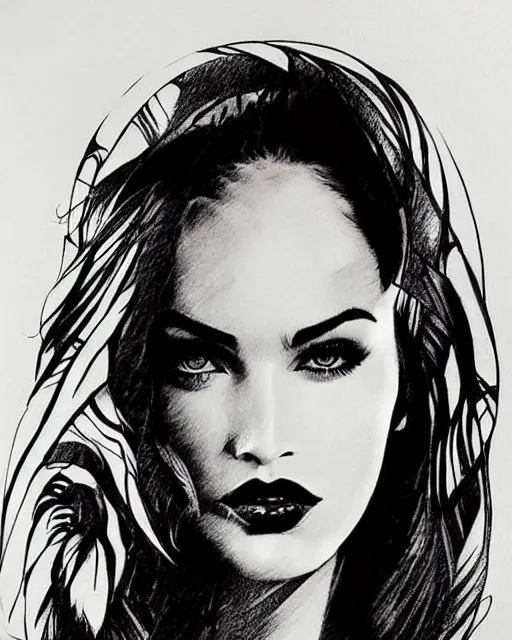 Image similar to tattoo sketch of megan fox face mash up with beautiful mountains, in the style of dan mountford, double exposure, hyper realistic, amazing detail, black and white