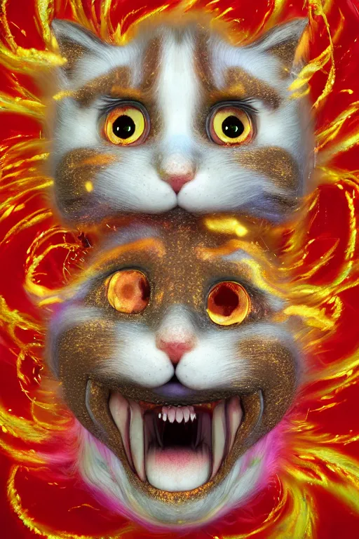 Image similar to Recursive image with a well rounded Calico feline, large eyes, shiny soft fur, anatomically correct, surrounded by mirroring swirling wisps of jelly, oil pastels and gold, in the style of Katsuhiro Otomo, modeled in Poser, Redshift render, UHD