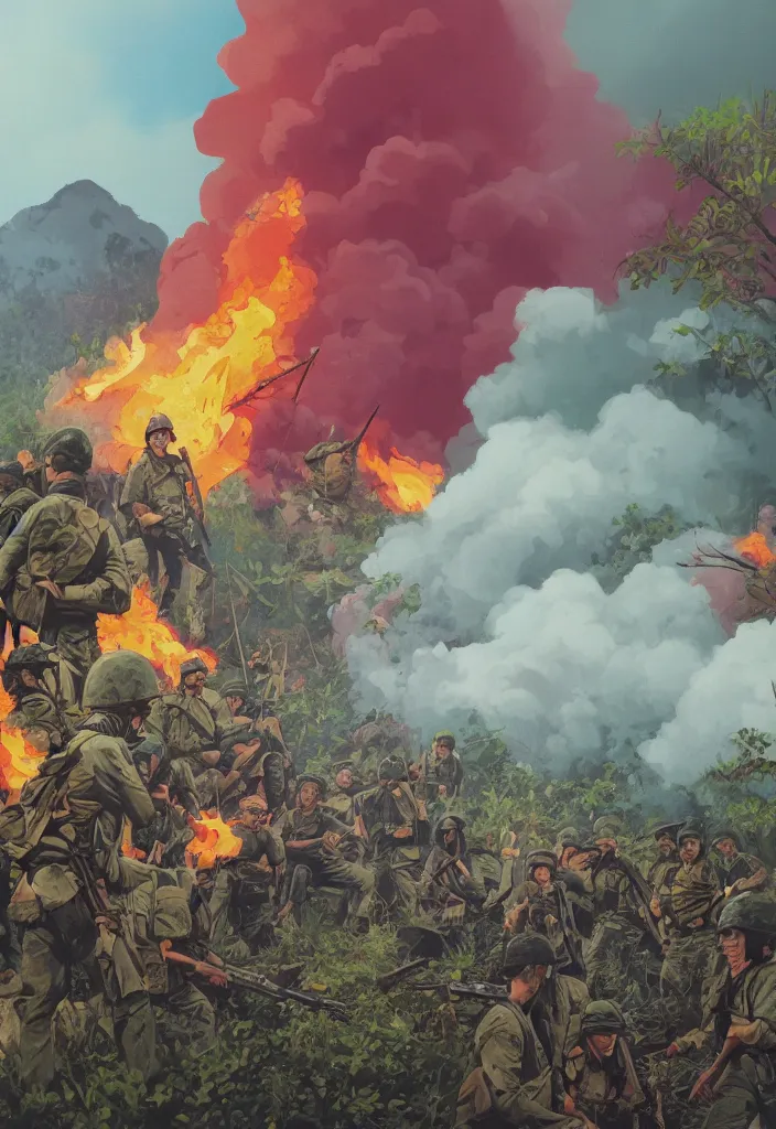 Image similar to handmade colorful illustration of an epic Vietnam War scene with a very few american soldiers walking, one american soldier at the forefront staring at the jungle, blue sky with beautiful clouds, some fire with columns of grey smoke, line art, heavy brushstrokes, oil on canvas by Kilian Eng and by Jake Parker, winning-award masterpiece, fantastic, octane render, 8K HD Resolution, High quality image