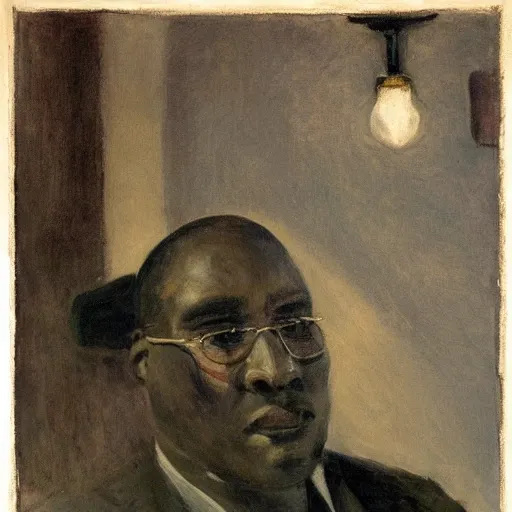 Prompt: a painting of a elegant, chubby, smooth-chinned, long nose, African, elder with few eyebrows by Henry Ossawa Tanner . thinker without facial hair, thoughtful, focused, visionary, calm, jovial, loving, fatherly, generous, . dramatic angle, ethereal lights, details, smooth, sharp focus, illustration, realistic, cinematic, artstation, award winning, rgb , unreal engine, octane render, cinematic light, macro, depth of field, blur, red light and clouds from the back, highly detailed epic cinematic concept art CG render made in Maya, Blender and Photoshop, octane render, excellent composition, dynamic dramatic cinematic lighting, aesthetic, very inspirational, arthouse.