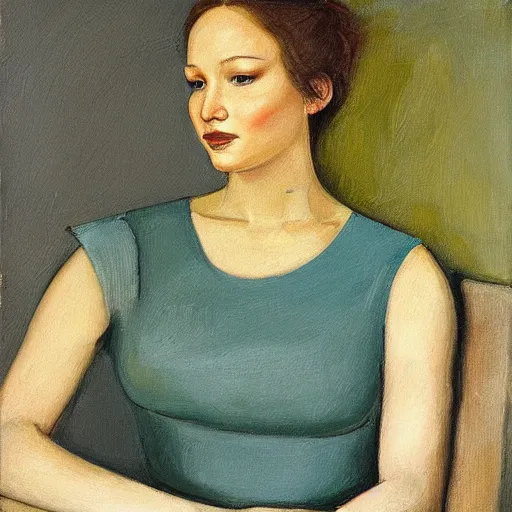 Image similar to Jennifer Lawrence. Oil on canvas by Balthus.