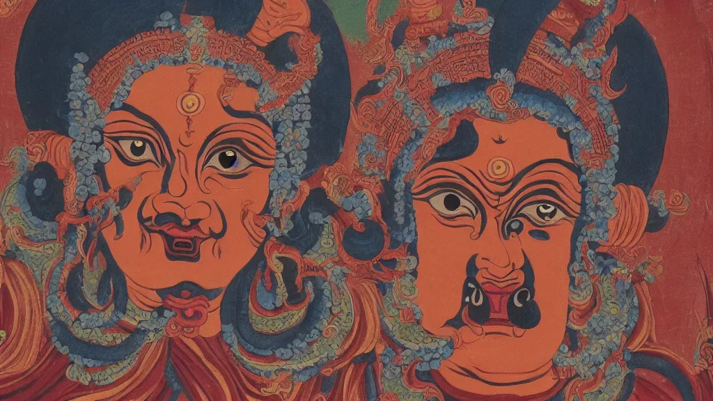 Image similar to mahakali fierce buddhist deity with the face of michel foucault, in the style of tibetan thanka painting