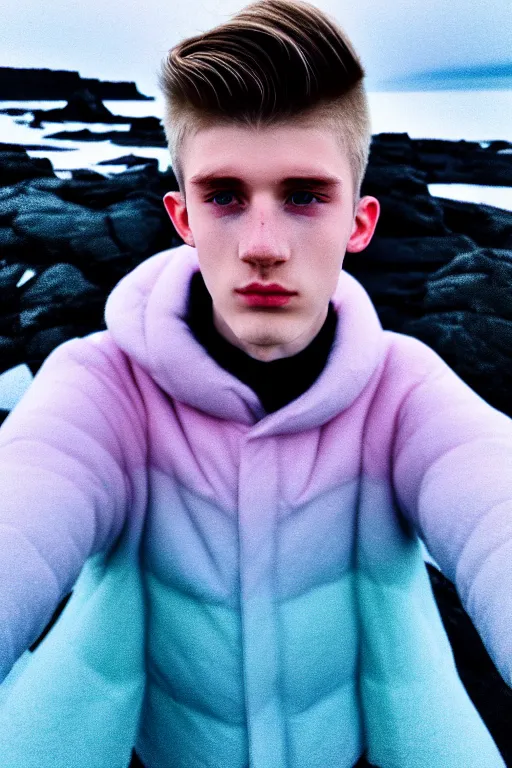 Image similar to high quality pastel coloured film mid angle selfie photograph of a beautiful young 2 0 year old male, soft features, standing in an icelandic black rock environment. atmospheric. three point light. photographic. art directed. ( pastel colours ). volumetric light. stark. waves glitch. 8 k. filmic.