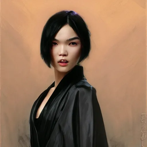 Image similar to detailed cinematic wide shot of beautiful attractive tao okamoto asian vampire woman wearing black bath robe slim face symettrical face clean skin black eyes black robe smooth, sharp focus, ultra realistic, spring light, painting by gaston bussiere, craig mullins, j. c. leyendecker