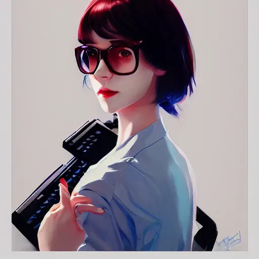 Image similar to hacker girl holding a keyboard, realistic shaded lighting poster by ilya kuvshinov katsuhiro otomo, magali villeneuve, artgerm, jeremy lipkin and michael garmash and rob rey