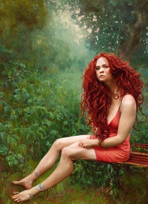Prompt: full body portrait of a beautiful woman with fire red wavy hair, loosely clothed in vines, sitting on a bench, leaning backwards, arms reaching out to her sides, with a mischievous smile, dense foliage in the background by Jeremy Mann, vivid colors, green hue, stylized, detailed, loose brush strokes