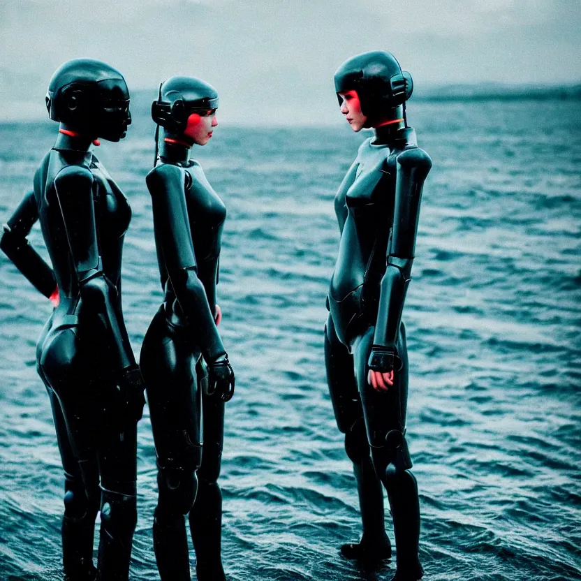 Image similar to cinestill 5 0 d candid photographic portrait by christopher nolan of two loving female androids wearing rugged black mesh techwear in treacherous waters, clear sky with planets, helicopter, medium closeup, modern cyberpunk moody emotional cinematic, pouring iridescent rain bright spotlight, 8 k, hd, high resolution, 3 5 mm, f / 3 2, ultra realistic faces, ex machina