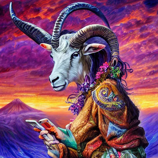 Prompt: painting by senior concept artist josephine wall horned ram goddess checking her cell phone erupting volcano and sunset in distance in background flowers in foreground zodiac fantasy acrylic on canvas intricately detailed highly detailed high resolution hdr 8 k trending on artstation