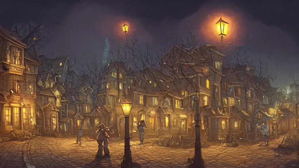 Prompt: street view of lovecraftian town square surrounded by houses in lovecraftian city at night by cyril rolando and naomi okubo and dan mumford and ricardo bofill. lovecraft. cobbled streets. oil lamp posts. lovecraftian statues.