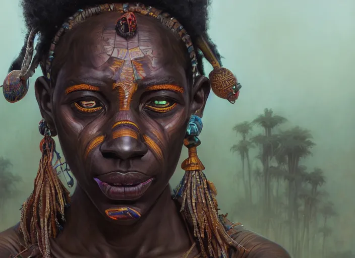 Prompt: highly detailed surreal vfx portrait portrait of an ancient magical voodoo mask tribal afrikan, stephen bliss, unreal engine, fantasy art by greg rutkowski, loish, rhads, ferdinand knab, makoto shinkai and lois van baarle, ilya kuvshinov, rossdraws, tom bagshaw, global illumination, radiant light, detailed and intricate environment