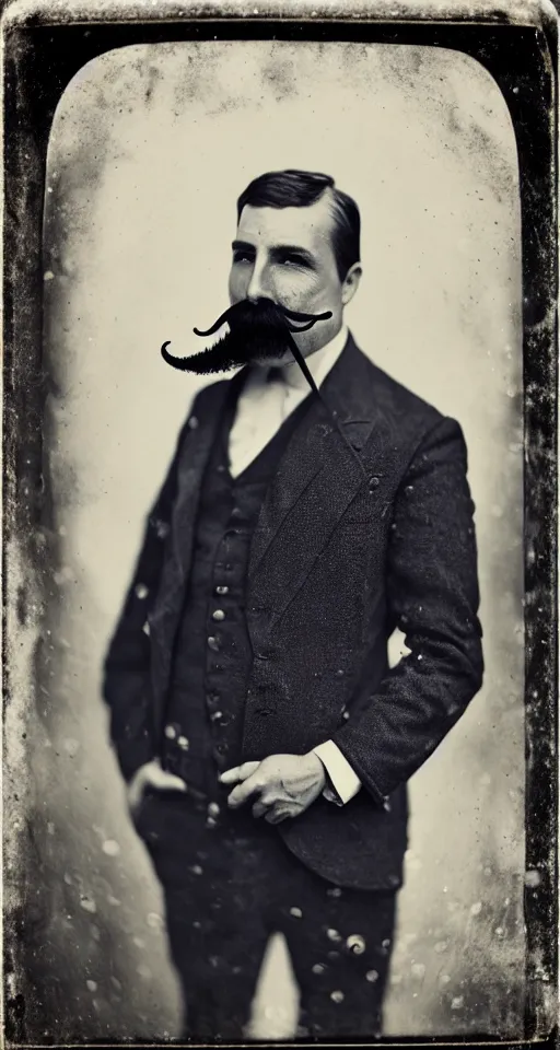 Prompt: a wet plate photograph, a portrait of a well dressed man with a walrus mustache