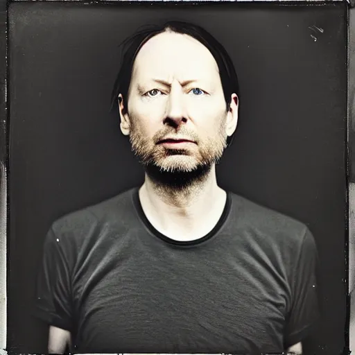 Image similar to Radiohead, with a beard and a black shirt, a computer rendering by Martin Schoeller, cgsociety, de stijl, uhd image, tintype photograph, studio portrait, 1990s, calotype