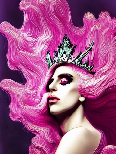 Image similar to pink portrait of beautiful female angel queen Lady Gaga head wearing shiny pink crown, subtle purple accents, hyper details, black metal rococo, sculpted by Alex Alice, Craig Mullins, yoji shinkawa, trending on artstation, beautifully lit, Peter mohrbacher, hyper detailed, insane details, intricate, elite, elegant, luxury, ray of light through smoke, CGsociety, hypermaximalist, blackpink, golden ratio, volumetric, octane render, weta digital, micro details, 3d sculpture