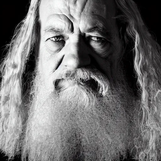 Image similar to a closeup black and white studio photographic portrait of gandalf, dramatic lighting