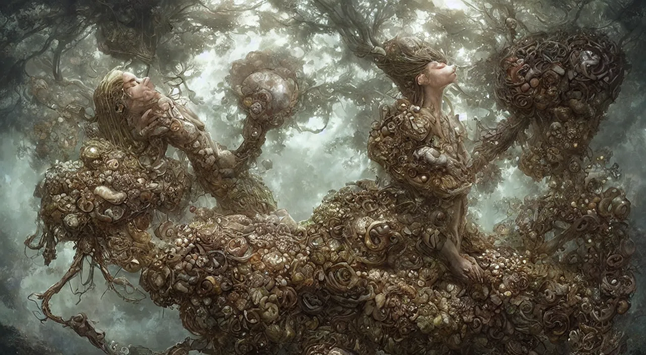 Prompt: a bio - mechanical pretty sleeping giant woman with mushrooms as camouflage, by ellen jewett, tomasz alen kopera and justin gerard : 3