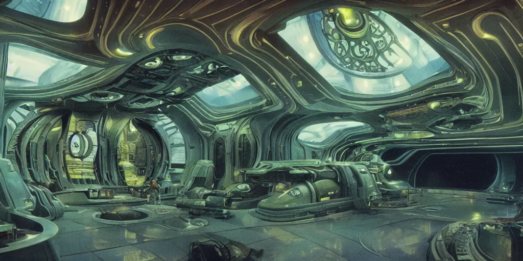 Prompt: cinematic shot of the interior of a sci-fi spaceship with ornate elven architecture, style of Roger Dean, style of Chris Foss