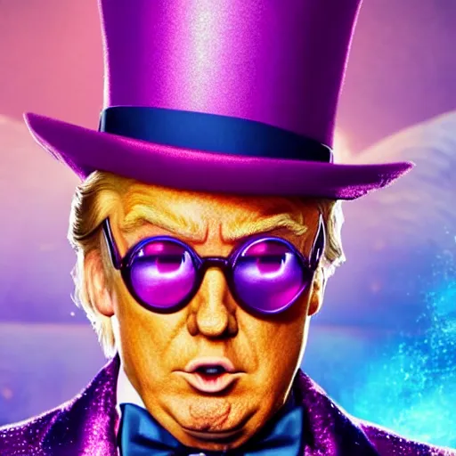 Prompt: portrait of donald trump as willy wonka in avengers movie, fantasy, splash art, avengers movie, movie still, detailed face, photorealistic facial features, cinematic lighting, dramatic, octane render, long lens, shallow depth of field, bokeh, anamorphic lens flare, 8 k, hyper detailed, 3 5 mm film grain