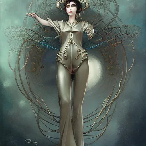 Image similar to ghibli tom bagshaw, curiosities carnival, anime soft paint of a single beautiful female full very tight long metallic suit ornate, accurate features, focus, very intricate ultrafine details, award winning masterpiece