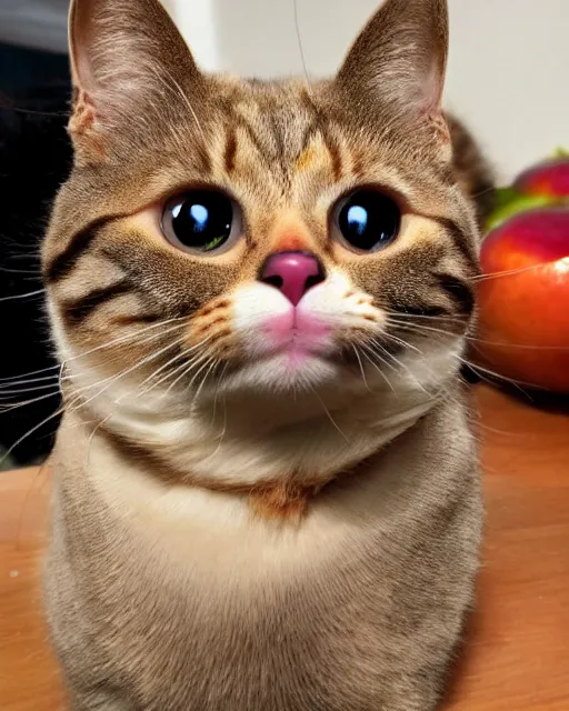 Image similar to a stunningly beautiful cat princess with googly eyes wearing fruit