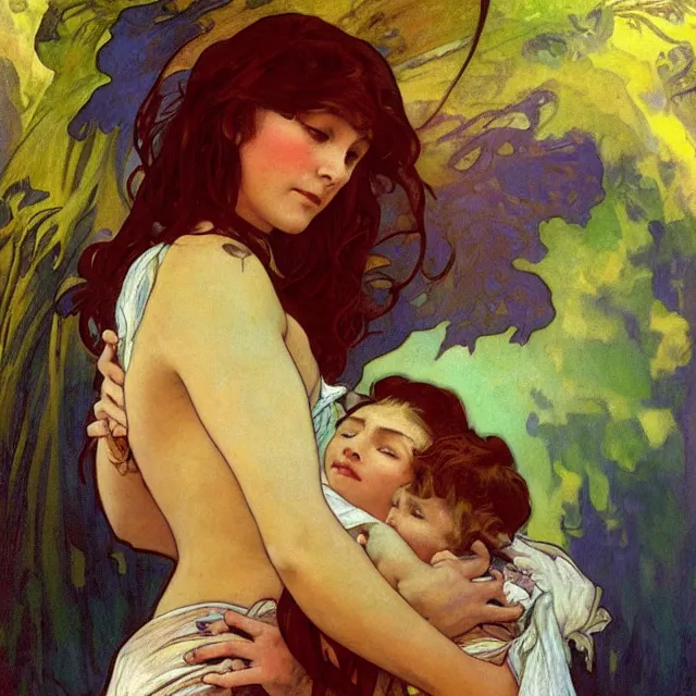 Image similar to an aesthetic portrait of a woman crying mournfully while cradling a swaddled child, by frank frazetta and alphonse mucha, oil on canvas, bright colors, art nouveau, epic composition, dungeons and dragons fantasy art, hd, god - rays, ray - tracing, crisp contour - lines, huhd - 8 k