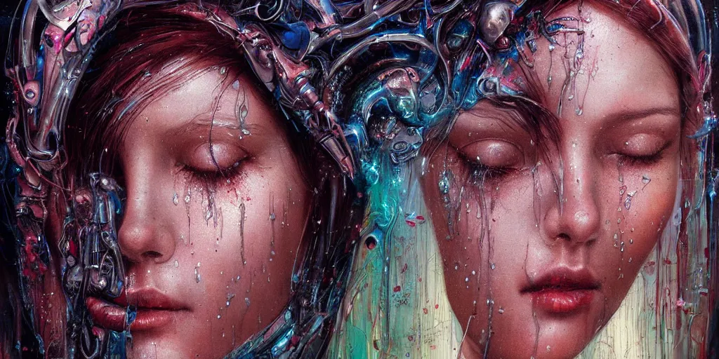Image similar to portrait of Virgin Mary, melting ,8k,by tristan eaton,Stanley Artgermm,Tom Bagshaw,Greg Rutkowski,Carne Griffiths, Ayami Kojima, Beksinski, Giger,trending on DeviantArt,face enhance,hyper detailed,minimalist,cybernetic, android, blade runner,full of colour, super detailed