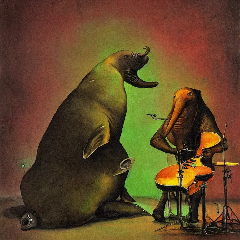 Prompt: a beautiful painting by aleksi briclot of an elephant seal playing drums and telecaster guitar in a concert stage, dark background, green concert light, dark mood