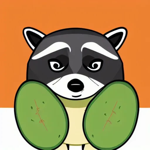 Prompt: children's book style illustration of a grumpy raccoon eating an avocado