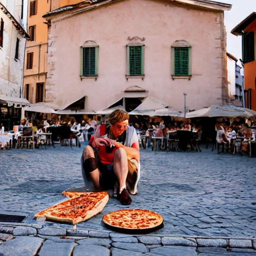 Image similar to a man and a woman eating a pizza in Pisa, Italy. Sunset, street photgraphy