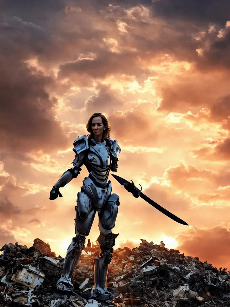 Prompt: emily blunt standing atop a pile of rubble, wearing futuristic power armor, holding a sword on her shoulder, sunset and huge cumulus clouds behind her