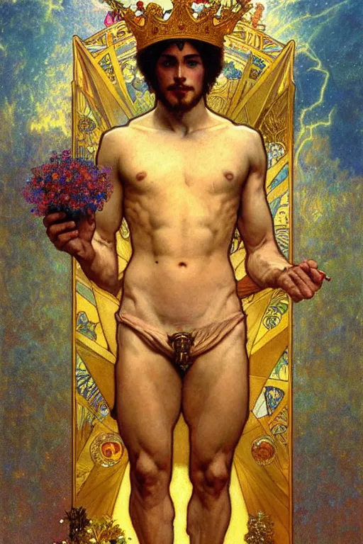 Image similar to a god wearing clothes and golden crown, holding a star, muscular, flowers, amazing, tarot art, painting by greg rutkowski, alphonse mucha, gustav klimt