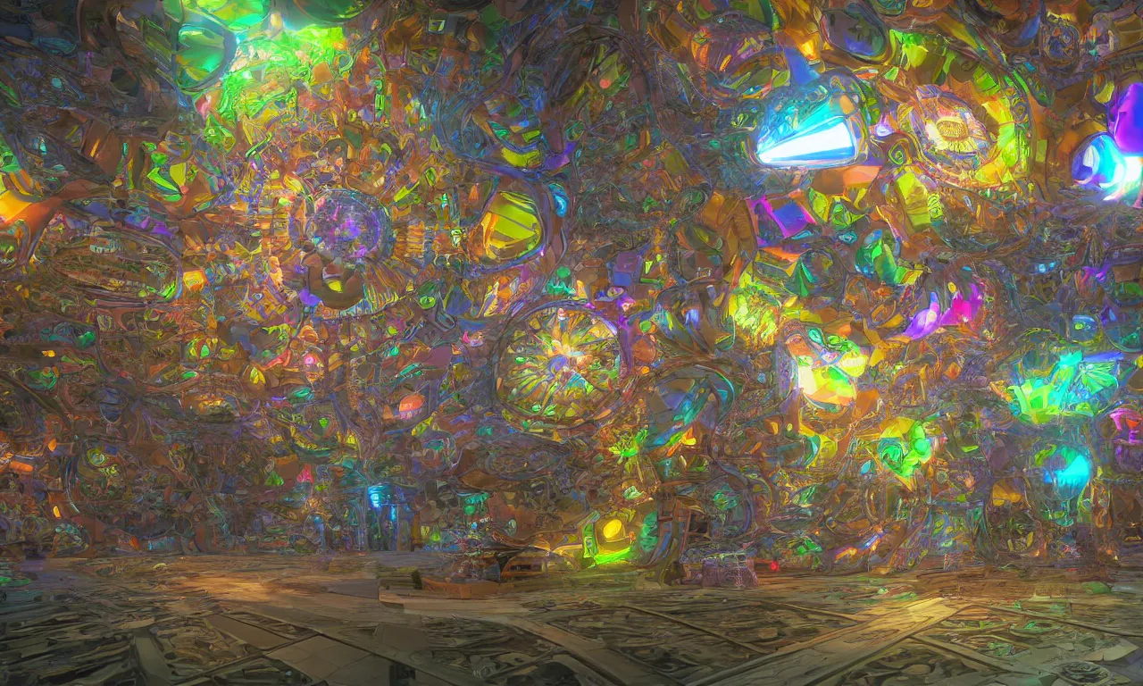 Image similar to engine laboratory 3 d volume kaleidoscope fractal voronoi metal chakra digital multicolor stylized concept substance natural color scheme, artstation gta cover comics style by james gurney and beeple global illumination volume lighting pixar and disney tone mapping radiating a glowing aura global illumination ray tracing hdr