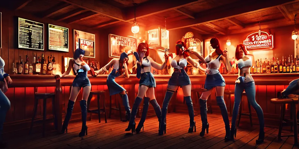 Image similar to a photo of a bar fight inside a pub between attractive cosplayers, Leica, symmetrical faces, muscles, detailed faces, accurate faces, 4k, 3D render, hyperrealism, editorial, photorealistic, crisp details, sharp focus, wide angle lens, octane render, cinematic lighting