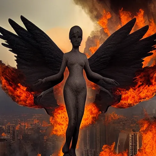 Image similar to a terrifying angel looking down upon a burning city.